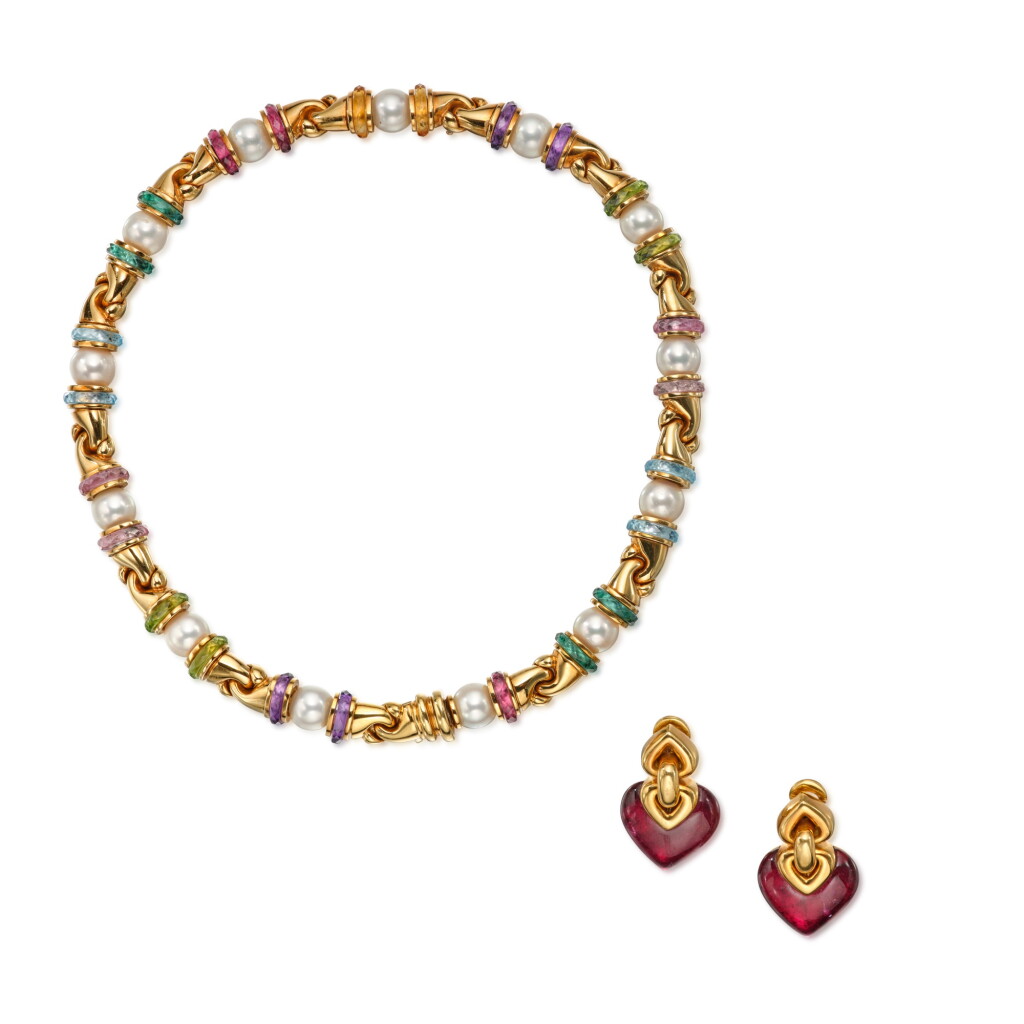 View full screen - View 1 of Lot 462. Gold, Gem-Set and Cultured Pearl 'Gancio' Necklace and Pair of Gold and Rubellite 'Doppio Cuore' Earclips.