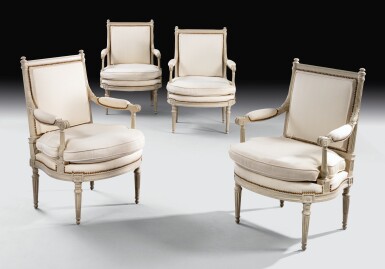 View full screen - View 1 of Lot 17. A SET OF FOUR CARVED AND GREY PAINTED ARMCHAIRS, LOUIS XVI, LAST QUARTER 18TH CENTURY, ATTRIBUTED TO GEORGES JACOB, LAST QUARTER, 18TH CENTURY | SUITE DE QUATRE FAUTEUILS EN BOIS SCULPTÉ ET LAQUÉ GRIS D'ÉPOQUE LOUIS XVI, ATTRIBUÉE À GEORGES JACOB.