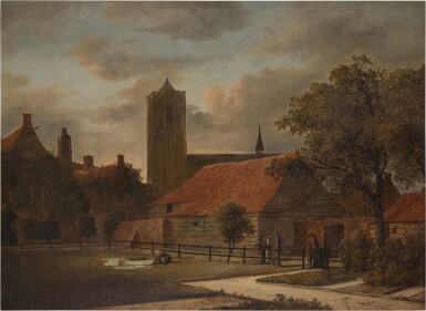 View full screen - View 1 of Lot 123. Naarden, a view of the Grote Kerk and a courtyard with a woman laying out linen.