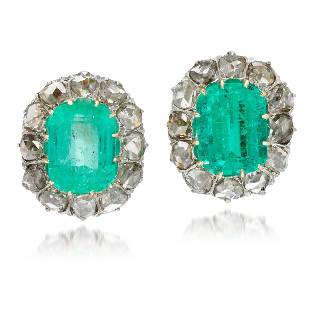 View full screen - View 1 of Lot 50. Pair of emerald and diamond earrings.