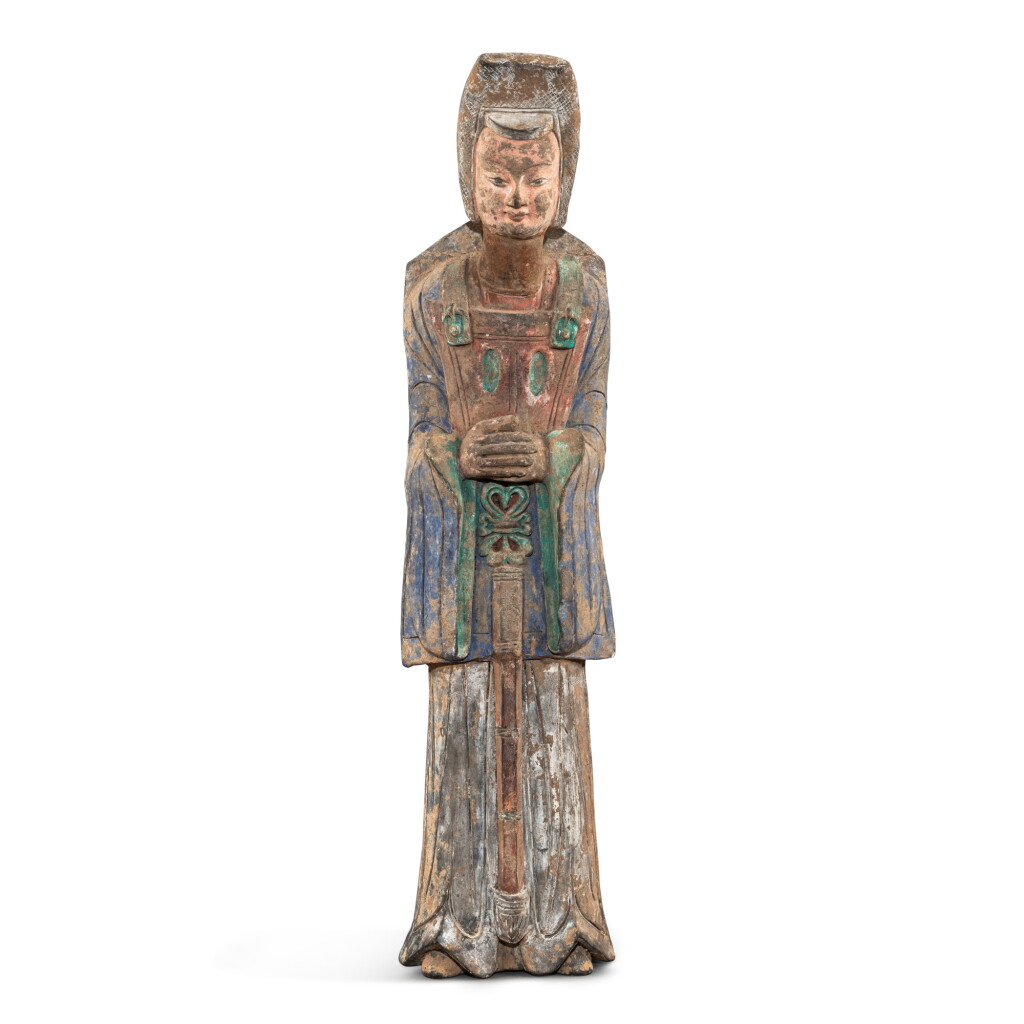 View full screen - View 1 of Lot 191. A large painted gray pottery figure of a standing dignitary, Northern Wei dynasty .