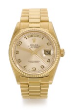ROLEX | DAY-DATE, REFERENCE 18038, YELLOW GOLD WRISTWATCH WITH DAY, DATE AND BRACELET, CIRCA 1979