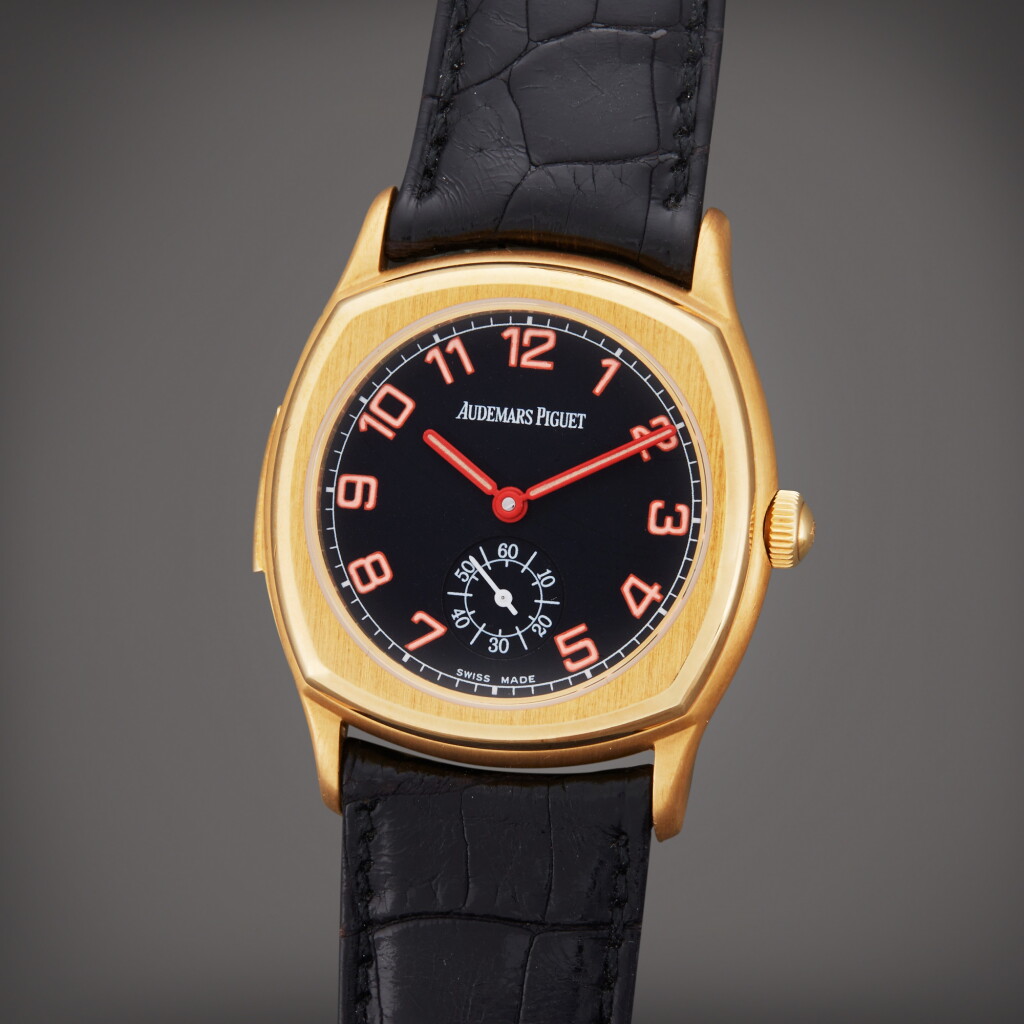 View full screen - View 1 of Lot 13. Reference 25882BA John Schaeffer | A limited edition yellow gold cushion shaped minute repeating wristwatch, Circa 1995.