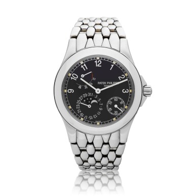 View full screen - View 1 of Lot 8052. Neptune, Reference 5085 | A stainless steel wristwatch with power reserve indication, moon phases and bracelet, Circa 2000 | 百達翡麗 | Neptune 型號5085 | 精鋼鏈帶腕錶,備動力儲備及月相顯示,約2000年製.