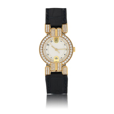 View full screen - View 1 of Lot 77. HARRY WINSTON | EXCENTER, A YELLOW GOLD AND DIAMOND SET CENTER SECONDS WRISTWATCH WITH DATE CIRCA 2005.