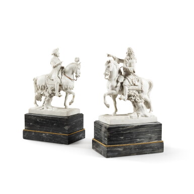 View full screen - View 1 of Lot 167. A pair of Sèvres biscuit porcelain equestrian portrait figures of Louis XIV and François I, circa 1815.