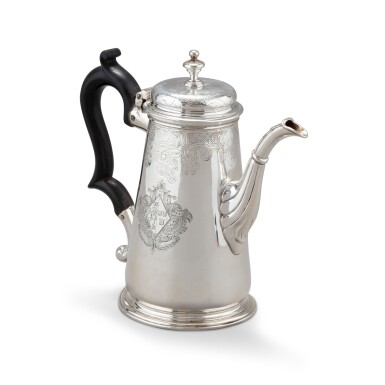 View full screen - View 1 of Lot 99. A George II armorial engraved silver coffee-pot, Pezé Pilleau, London, 1737 | Cafetière armoriée en argent gravé par Pezé Pilleau, Londres, 1737.