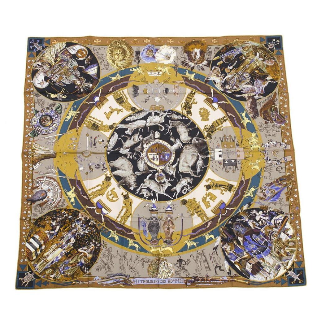 View full screen - View 1 of Lot 108. Hermès "Les Mythologies des Hommes Rouges" Scarf 90cm of Silk Twill.