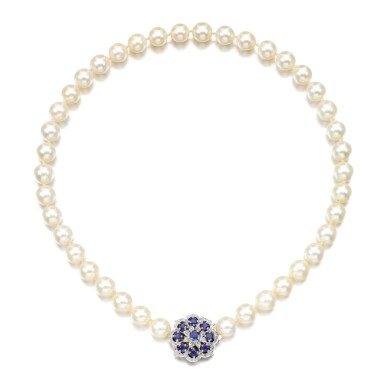 View full screen - View 1 of Lot 378. Cultured pearl, sapphire and diamond necklace, 1980s.