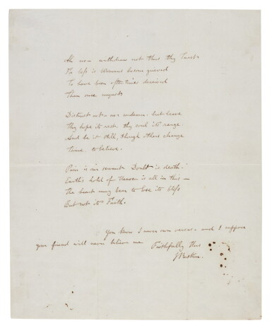 View full screen - View 1 of Lot 130. John Ruskin | Autograph manuscript poem 'Ah no - withdraw not thus thy trust', 1840s.