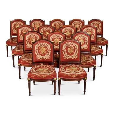 View full screen - View 1 of Lot 34. A Set of Fourteen Louis Philippe Aubusson-Upholstered Parcel-Gilt Rosewood Side Chairs, Circa 1850.