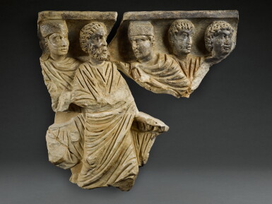 View full screen - View 1 of Lot 10. Early Christian Marble Sarcophagus Relief Fragment depicting the Arrest of Saint Peter, Constantinian Period, circa late 3rd/early 4th Century A.D..