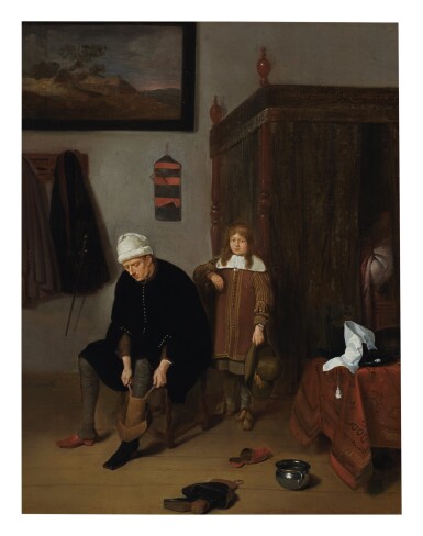 View full screen - View 1 of Lot 123. QUIRINGH GERRITSZ. VAN BREKELENKAM | INTERIOR WITH A GENTLEMAN PULLING ON HIS BOOTS, ATTENDED BY A PAGE.