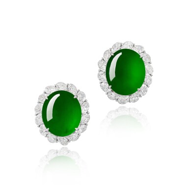 View full screen - View 1 of Lot 1831. Pair of 'Imperial Green' Jadeite and Diamond Earrings | 天然「帝王綠」翡翠 配 鑽石 耳環一對.