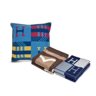 View full screen - View 1 of Lot 220. Set of Three Outremer Indigo Wool and Cashmere Avalon Jump'H Pillow PM, Écru and Caban Merino Wool and Cashmere Avalon III Throw Blanket and Écorce Merino Wool and Cashmere Brandebourgs Blanket .