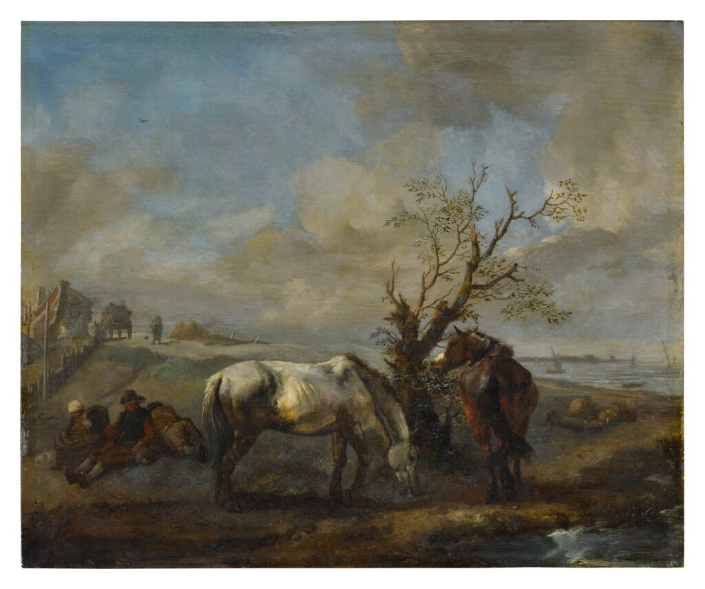View full screen - View 1 of Lot 2. PHILIPS WOUWERMAN | TWO HORSES RESTING BY A TREE AND A STREAM, WITH SEATED TRAVELERS NEARBY.