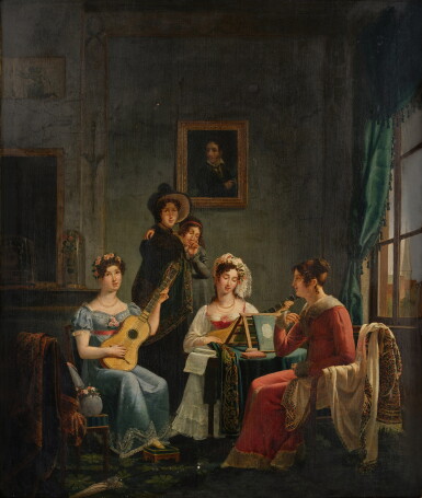 View full screen - View 1 of Lot 375. Group of five women, two playing music, in an elegant domestic interior.