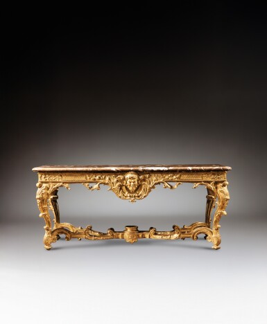 View full screen - View 1 of Lot 10. A Régence giltwood console table, circa 1720, in the manner of Jules Degoullons.