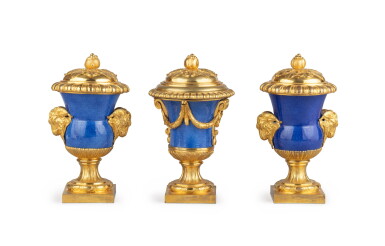 View full screen - View 1 of Lot 49. A late Louis XV gilt-bronze mounted Chinese powder-blue porcelain matched garniture, circa 1770 | Trois vases formant garniture en porcelaine à glaçure bleu poudré et monture de bronze doré de la fin de l'époque Louis XV, vers 1770.