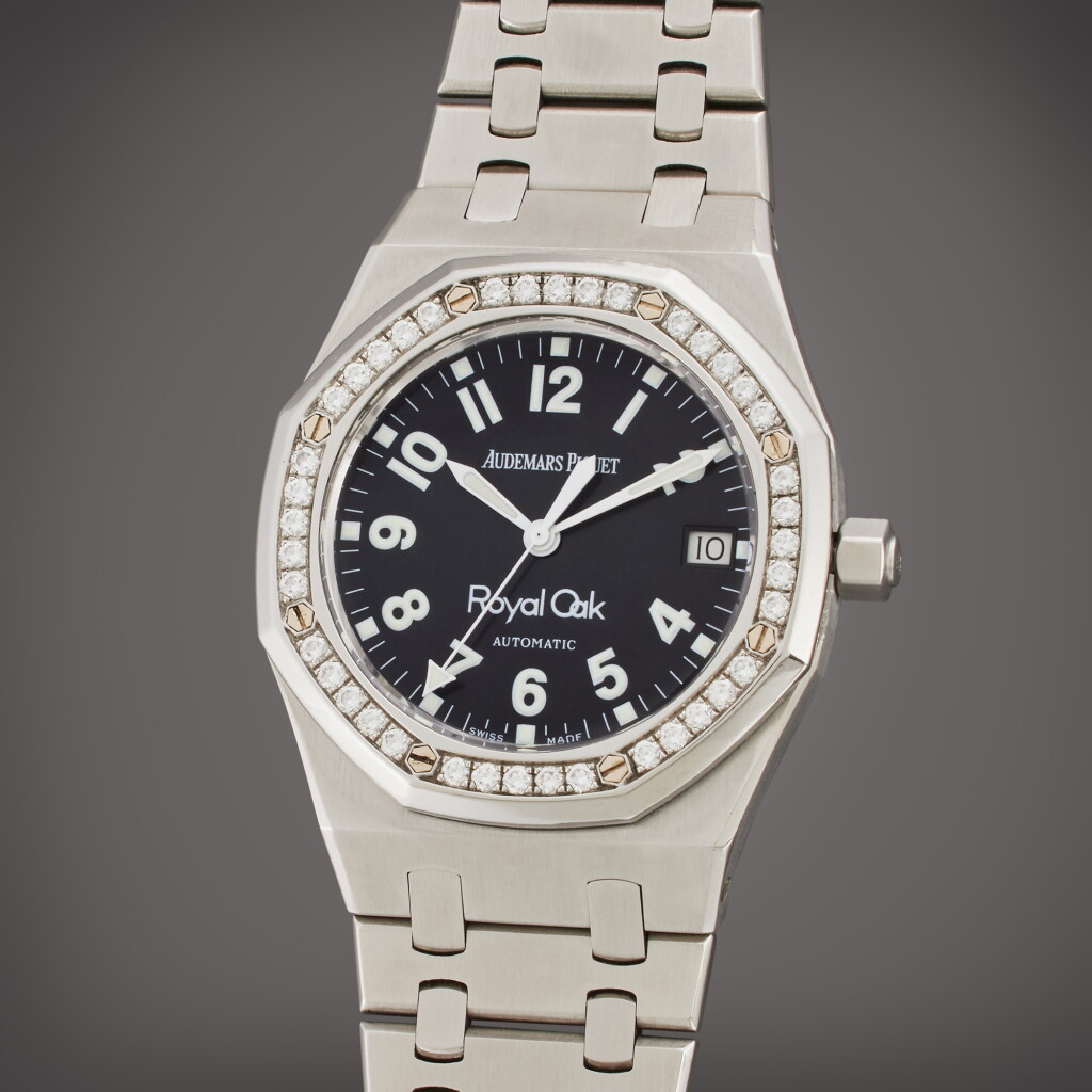 View full screen - View 1 of Lot 409. Royal Oak ‘Military Dial’ | A stainless steel and diamond-set automatic wristwatch with date and bracelet, Circa 2000.