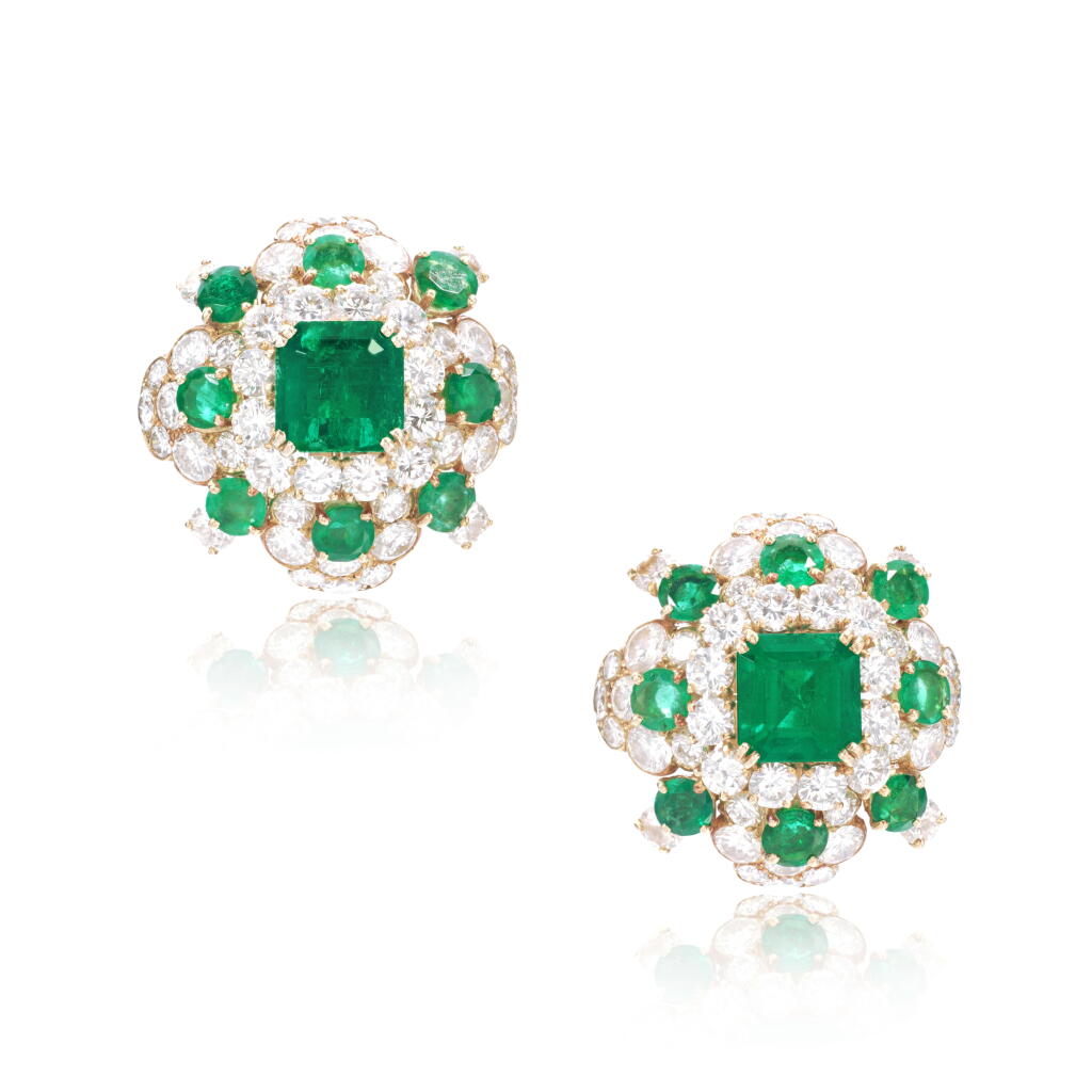 View full screen - View 1 of Lot 505. Pair of emerald and diamond ear clips.