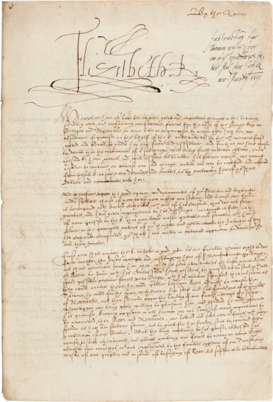 View full screen - View 1 of Lot 39. Queen Elizabeth I | Letter signed, explaining her priorities in war-torn France to her new envoy to Henri IV, 1592.