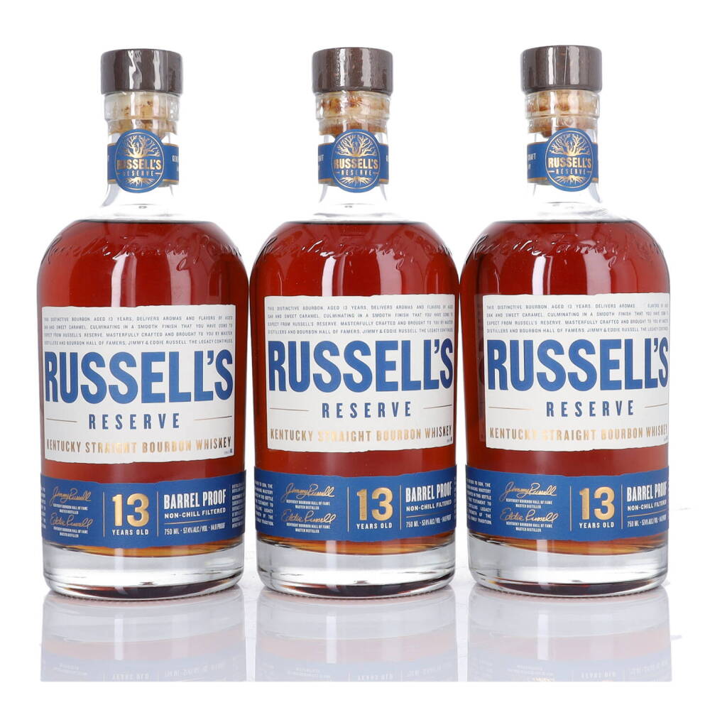 View full screen - View 1 of Lot 373. Russell's Reserve 13 Year Old Barrel Proof 114.8 Proof NV (3 BT 75cl).