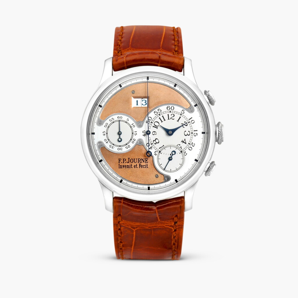 View full screen - View 1 of Lot 2414. Octa Chronographe | An important platinum flyback chronograph wristwatch with date, pink gold salmon dial and brass movement, Circa 2002.