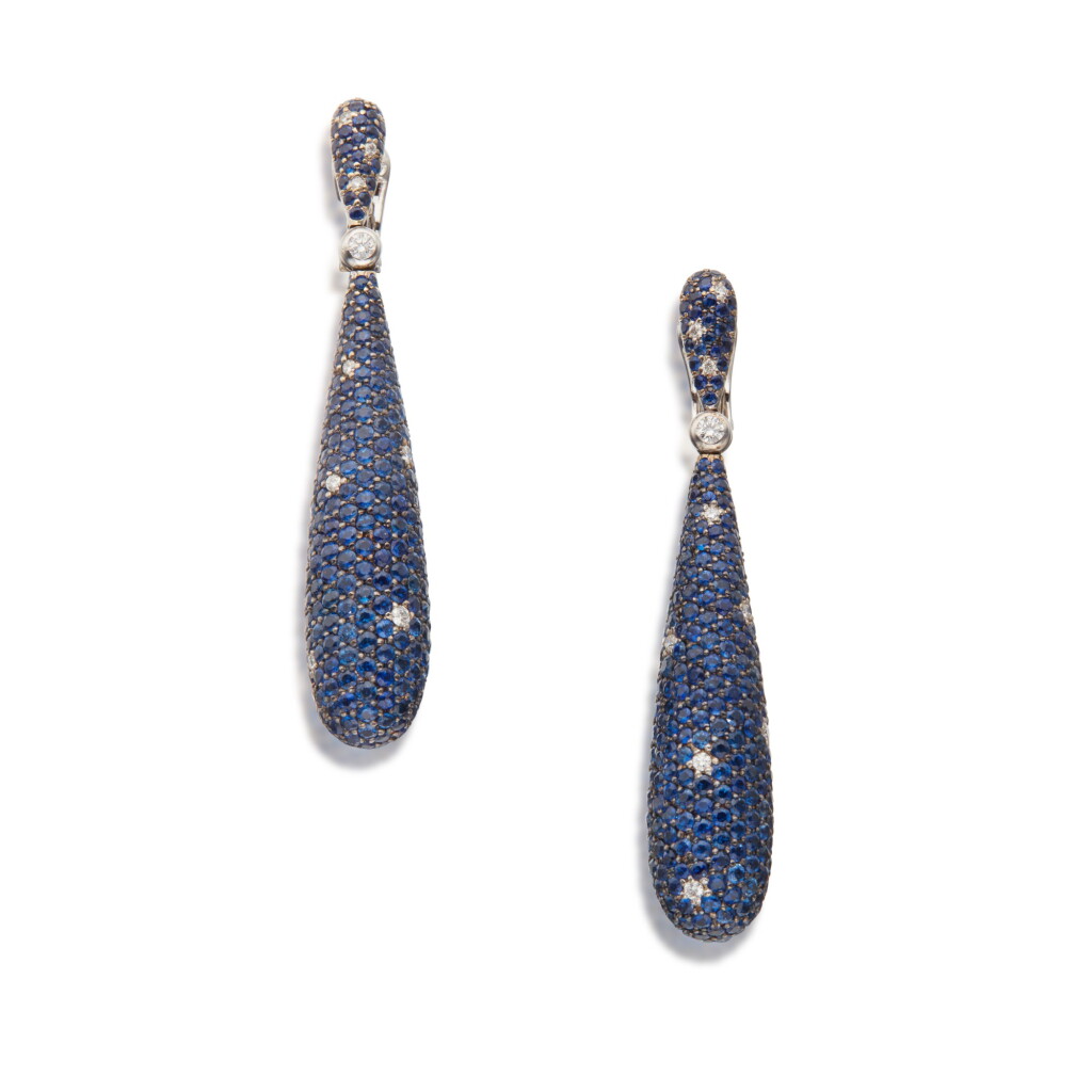 View full screen - View 1 of Lot 144. Pair of Sapphire and Diamond 'Gocce' Pendant-Earclips.