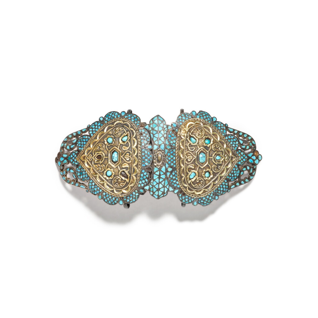 View full screen - View 1 of Lot 142. A turquoise-set silver and brass belt buckle, Bukhara, Central Asia, 19th century.