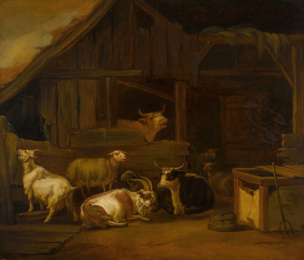 View full screen - View 1 of Lot 38. Cows, goats and sheep in and around a barn.