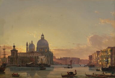 View full screen - View 1 of Lot 106. Venice, a view from across the Bacino di San Marco with Punta della Dogana and Chiesa di Santa Maria della Salute.