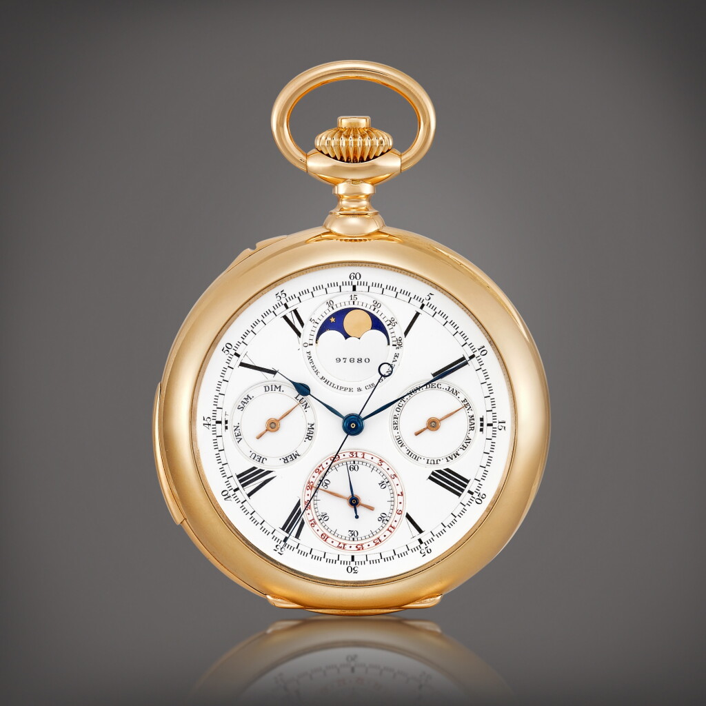 View full screen - View 1 of Lot 2300. A pink gold minute repeating perpetual calendar chronograph open face keyless watch with moon phases and enamel dial, Retailed by Spaulding & Co., Made in 1896 | 百達翡麗 | 粉紅金三問萬年曆計時懷錶,備月相顯示及琺瑯錶盤,由 SPAULDING & CO. 發行,1896年製.