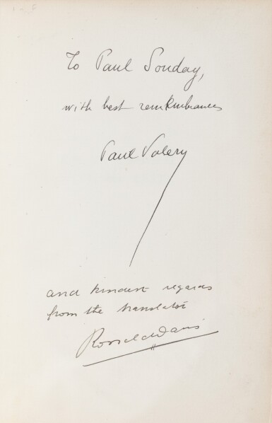 View full screen - View 1 of Lot 172. La Soirée avec monsieur Teste,1906. EO, avec envoi à R. Davies. Rel. de Gruel. + édition anglaise, avec envoi.