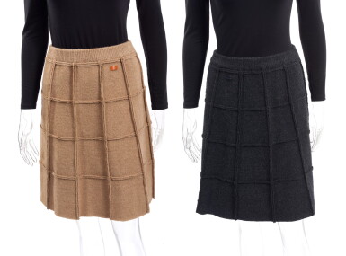 View full screen - View 1 of Lot 165. TWO CAMEL HAIR AND WOOL SKIRTS, CHANEL.