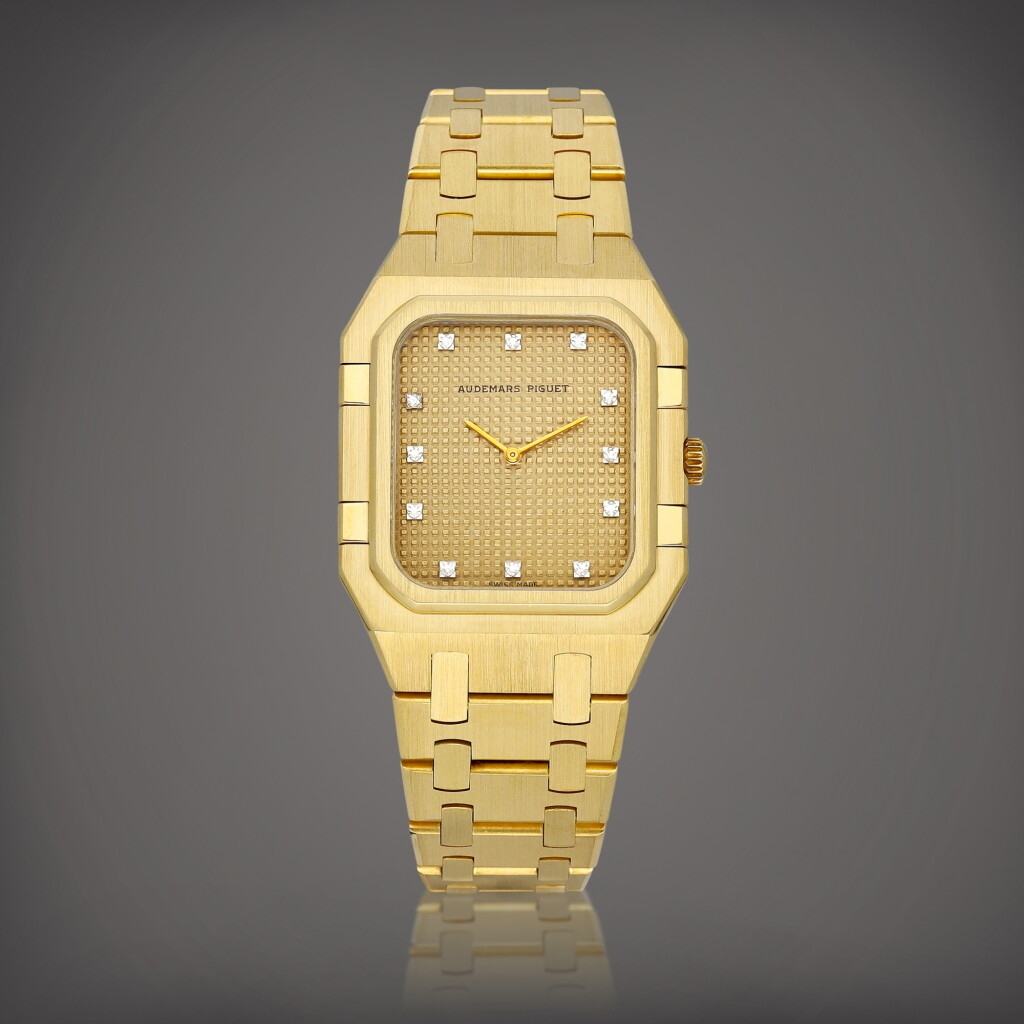 View full screen - View 1 of Lot 8864. Royal Oak Rectangular | A yellow gold and diamond-set bracelet watch, Circa 1978 | 愛彼 | 皇家橡樹系列 Rectangular | 黃金鑲鑽石鏈帶腕錶,約1978年製.