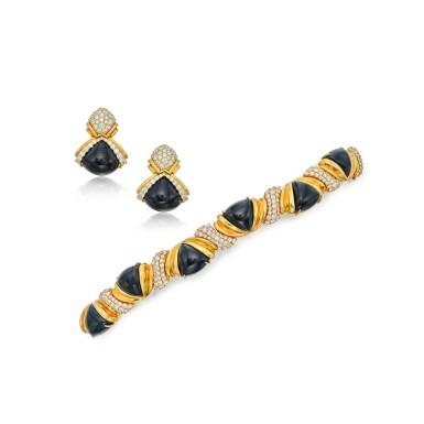View full screen - View 1 of Lot 465. Gold, Onyx and Diamond Bracelet and Pair of Earclips.