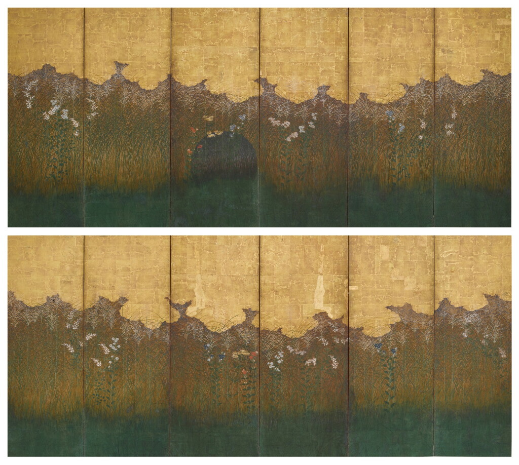 View full screen - View 1 of Lot 2024. Anonymous, Moon over Musashi Moor, Edo period, early 17th century | 武蔵野図屏風 江戸時代前期 17世紀初頭.