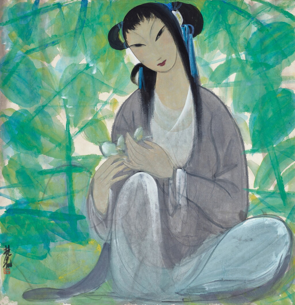 View full screen - View 1 of Lot 3025. 林風眠 持蓮仕女 | Lin Fengmian, Lady Holding a Lily.