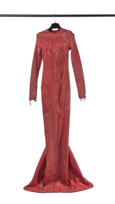 View full screen - View 1 of Lot 35. Rick Owens Bodycon Dress with Long Sleeves, Red Fur High-Heel Boots and Red Veil and a Saint Laurent Navy Blue Leather Jacket and Maxi Mesh Turtleneck Dress.