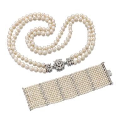 View full screen - View 1 of Lot 185. Cultured pearl and diamond necklace and bracelet | Collana e bracciale in perle coltivate e diamanti .