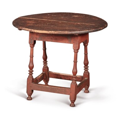 View full screen - View 1 of Lot 1. William and Mary Red-Painted Maple and Pine Tilt-Top Tavern Table, New England, circa 1730.