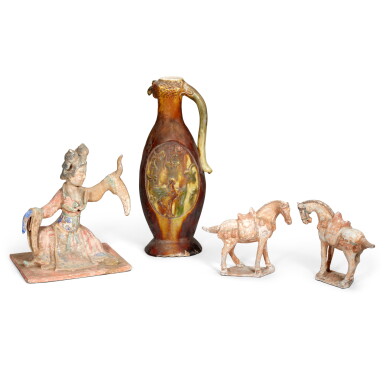 View full screen - View 1 of Lot 149. A group of three Tang-style pottery figures and an ewer, 20th century | 二十世紀 陶俑 一組四件.