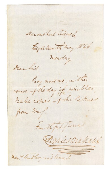 View full screen - View 1 of Lot 129. Dickens, Autograph Letter Signed to Bradbury & Evans about Pictures from Italy, 1846.