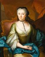 Portrait of a lady, seated, wearing a white silk dress, a blue silk shawl and a black headdress