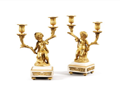 View full screen - View 1 of Lot 187. A pair of Louis XVI style gilt-bronze and marble candelabra, late 19th century.