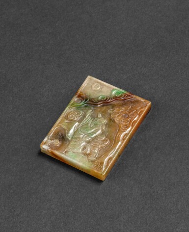 View full screen - View 1 of Lot 62. Plaque en jadéite sculptée Fin de la dynastie Qing | 清晚期 翠玉雕人物故事圖牌 | A russet and apple-green 'scholar and boy' jadeite plaque, late Qing Dynasty.