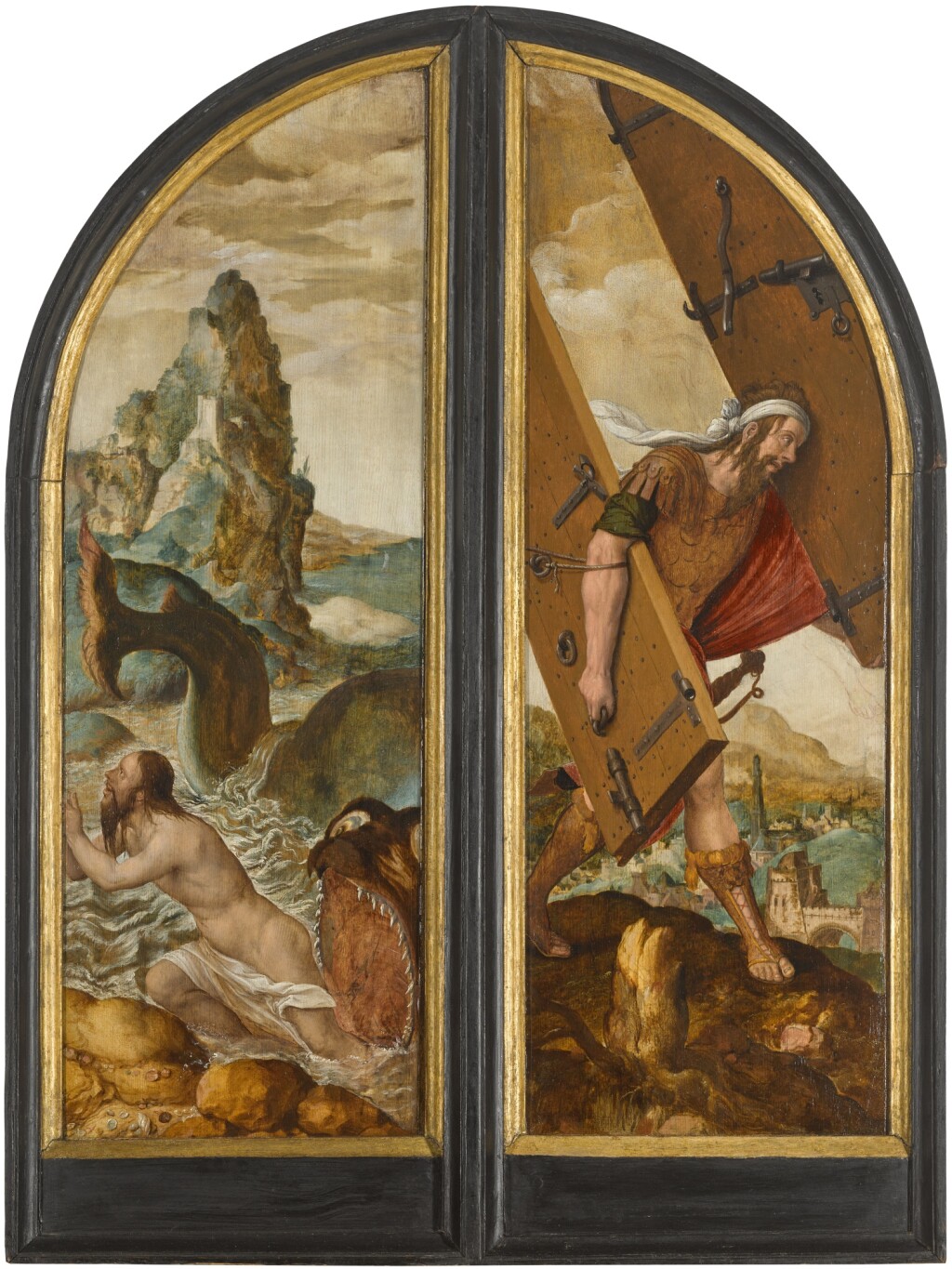Flemish School, 16th century — A diptych: Jonah and the Whale; and Samson removing the Gates of Gaza