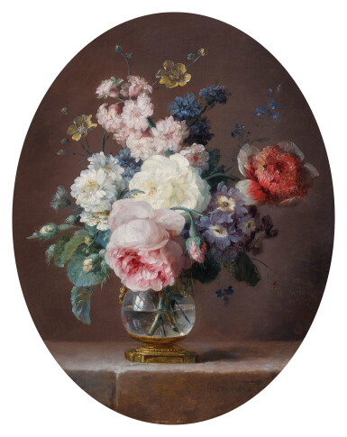 View full screen - View 1 of Lot 150. Still life of flowers in a crystal vase on a ledge.