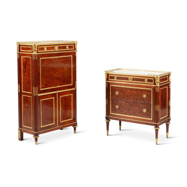 View full screen - View 1 of Lot 165. A Louis XVI gilt-bronze mounted flamed mahognay secrétaire à abattant and commode, circa 1780, stamped by Gaspard Schneider | Secrétaire à abattant et commode en placage d'acajou moucheté et bronze doré d'époque Louis XVI, vers 1780, estampille de Gaspard Schneider.